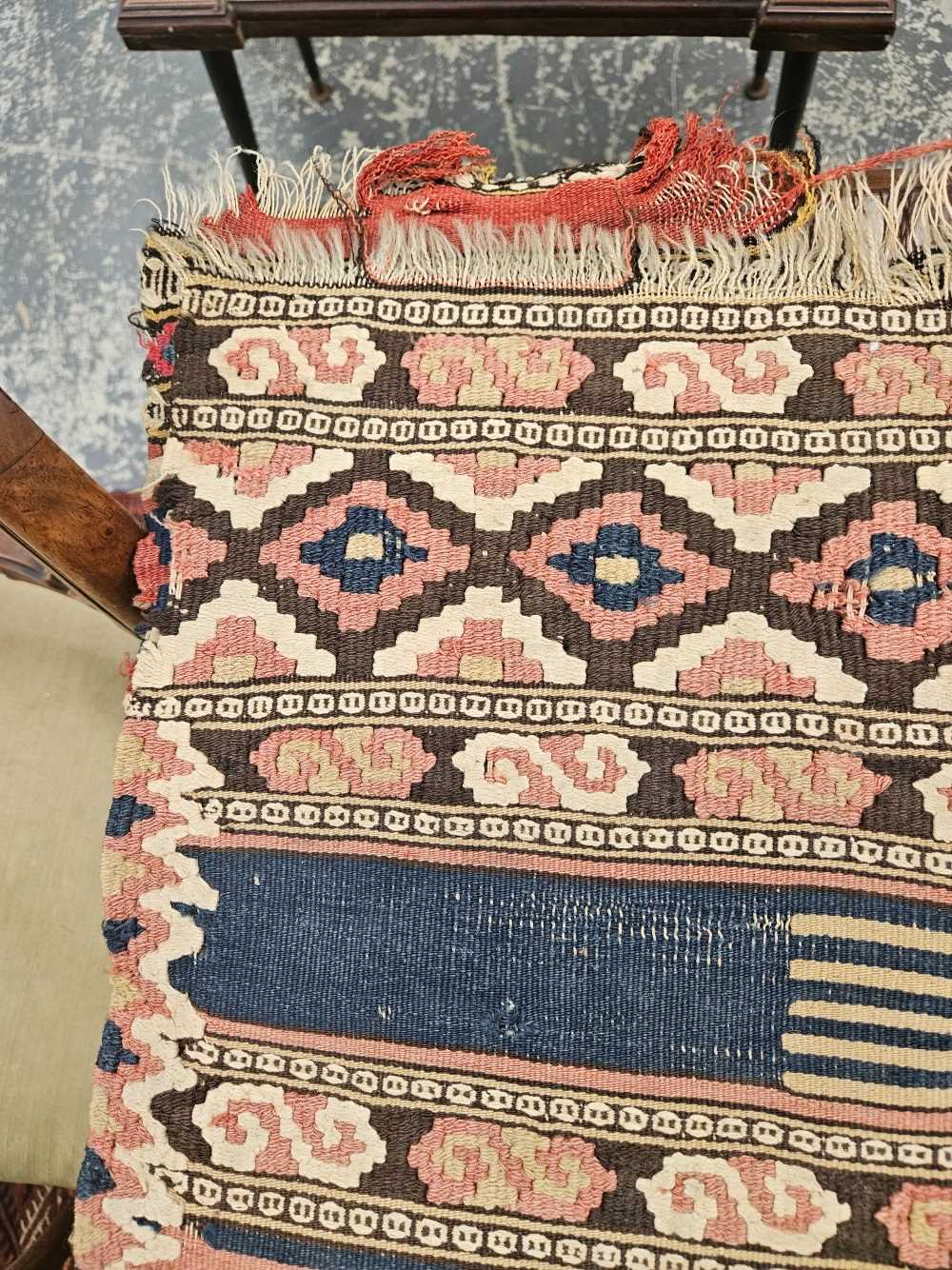 TWO ANTIQUE CAUCASIAN FLAT WEAVE PANELS TOGETHER WITH AN ANTIQUE TURKISH MAT (3) - Image 10 of 41