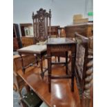 A vintage carved oak hall chair, a tall stool/occasional table and a firescreen.