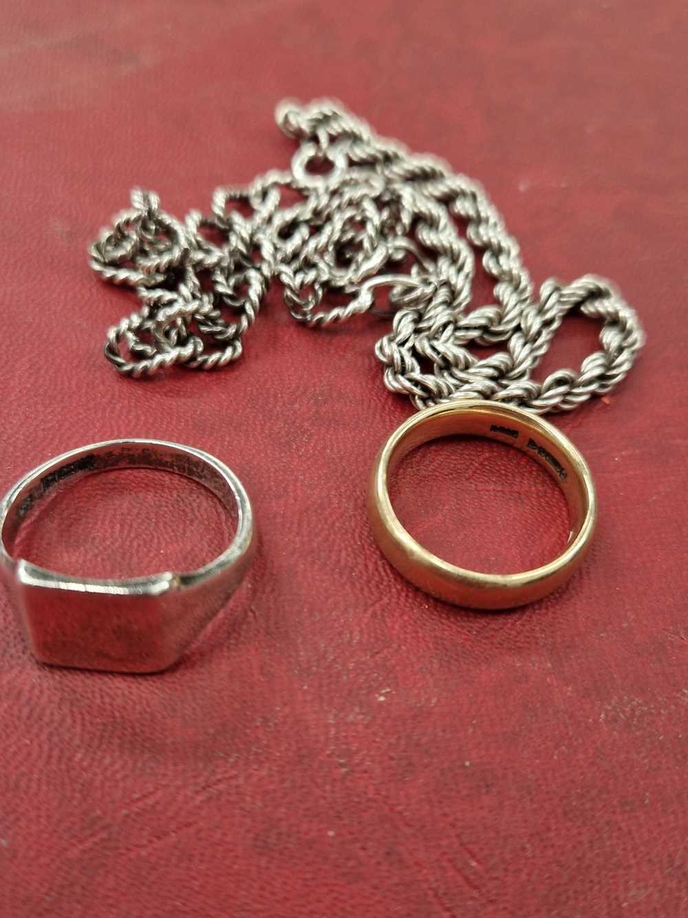 A 9ct hallmarked gold wedding ring, weight 5.96grms, a hallmarked silver signet ring and two - Image 2 of 2