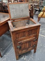 An interesting antique wood bound chiller cabinet, together with a vintage sledge