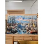 CONTINENTAL SCHOOL (20TH CENTURY), BUSY HARBOUR SCENE, INDISTINCTLY SIGNED, ACRYLIC ON CANVAS,