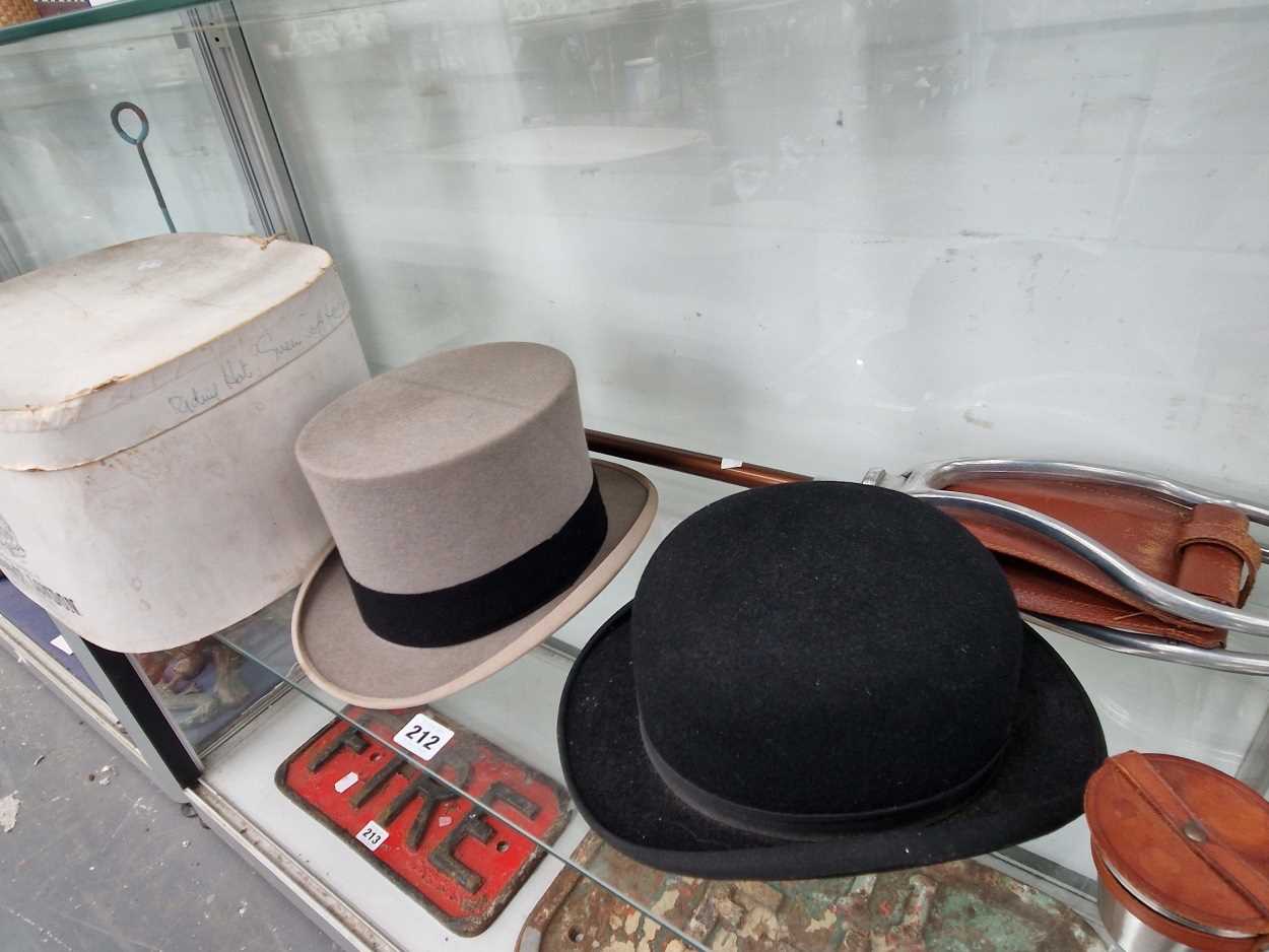 A Townend grey top hat sized 6 3/4, a bowler hat a shooting stick and a nest of beakers