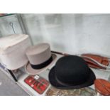 A Townend grey top hat sized 6 3/4, a bowler hat a shooting stick and a nest of beakers