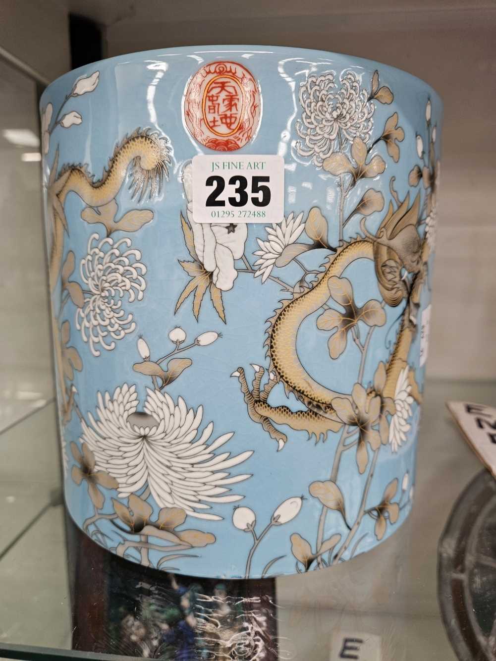 A Chinese blue ground brush pot decorated with dragons in the style of the Empress Cixis birthday - Image 2 of 13