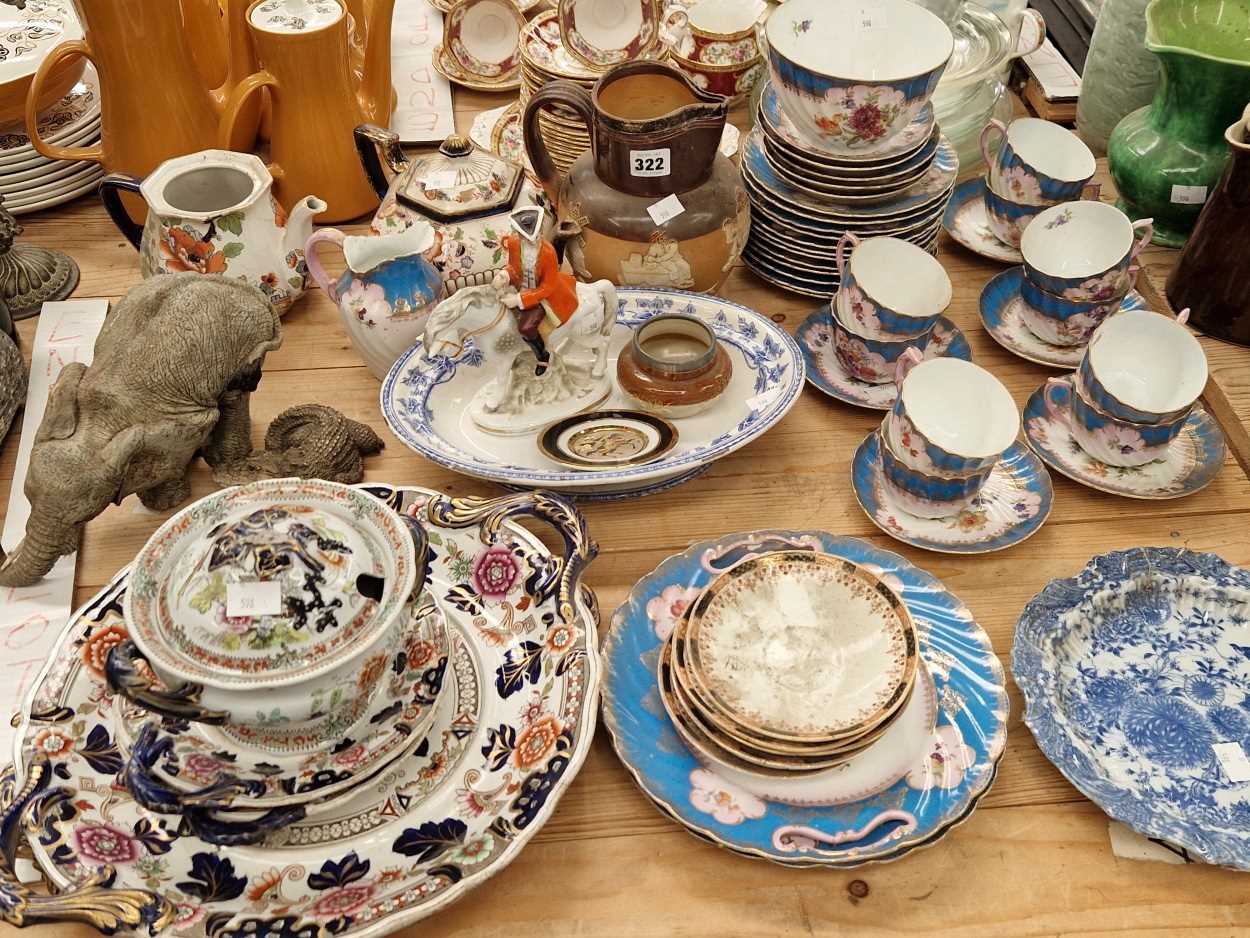 A Limoges Sevres style tea set, an ironstone sauce tureen, cover and stands, a silver mounted