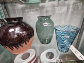 A brown glazed pottery ewer together with two Powell art glass vases