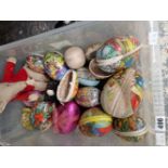 A box of Vintage decorated papier mache easter eggs.