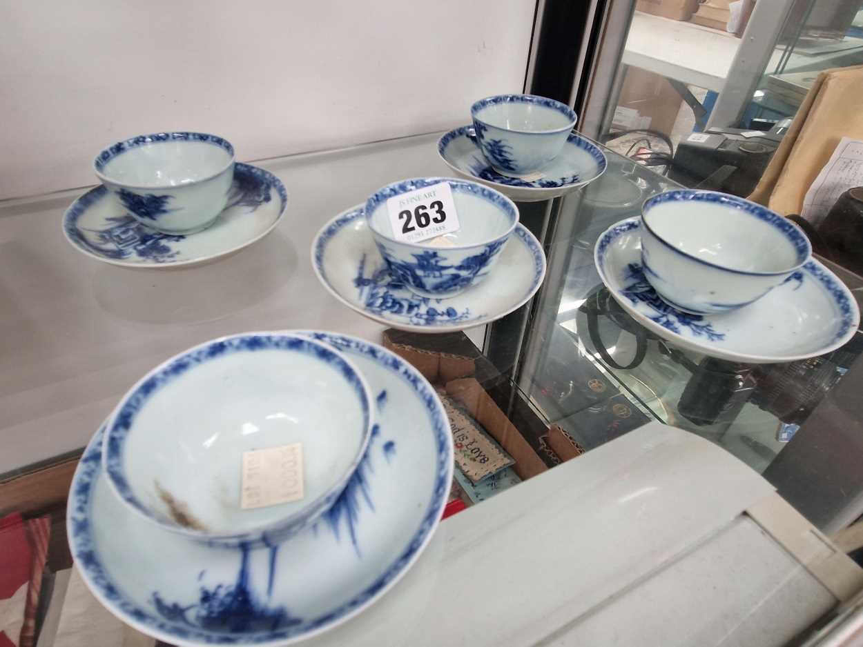 Nanking Cargo: five Chinese blue and white tea bowls and saucers
