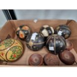 A set of Eastern brass and bone inlaid carpet bowls with some stands