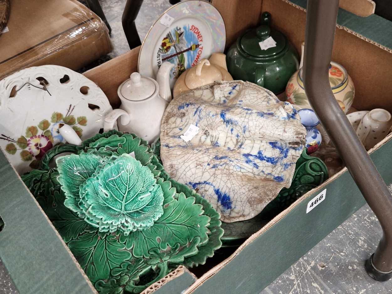 Cabbage leaf moulded wares, three tea pots and decorative ceramics