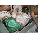 Cabbage leaf moulded wares, three tea pots and decorative ceramics