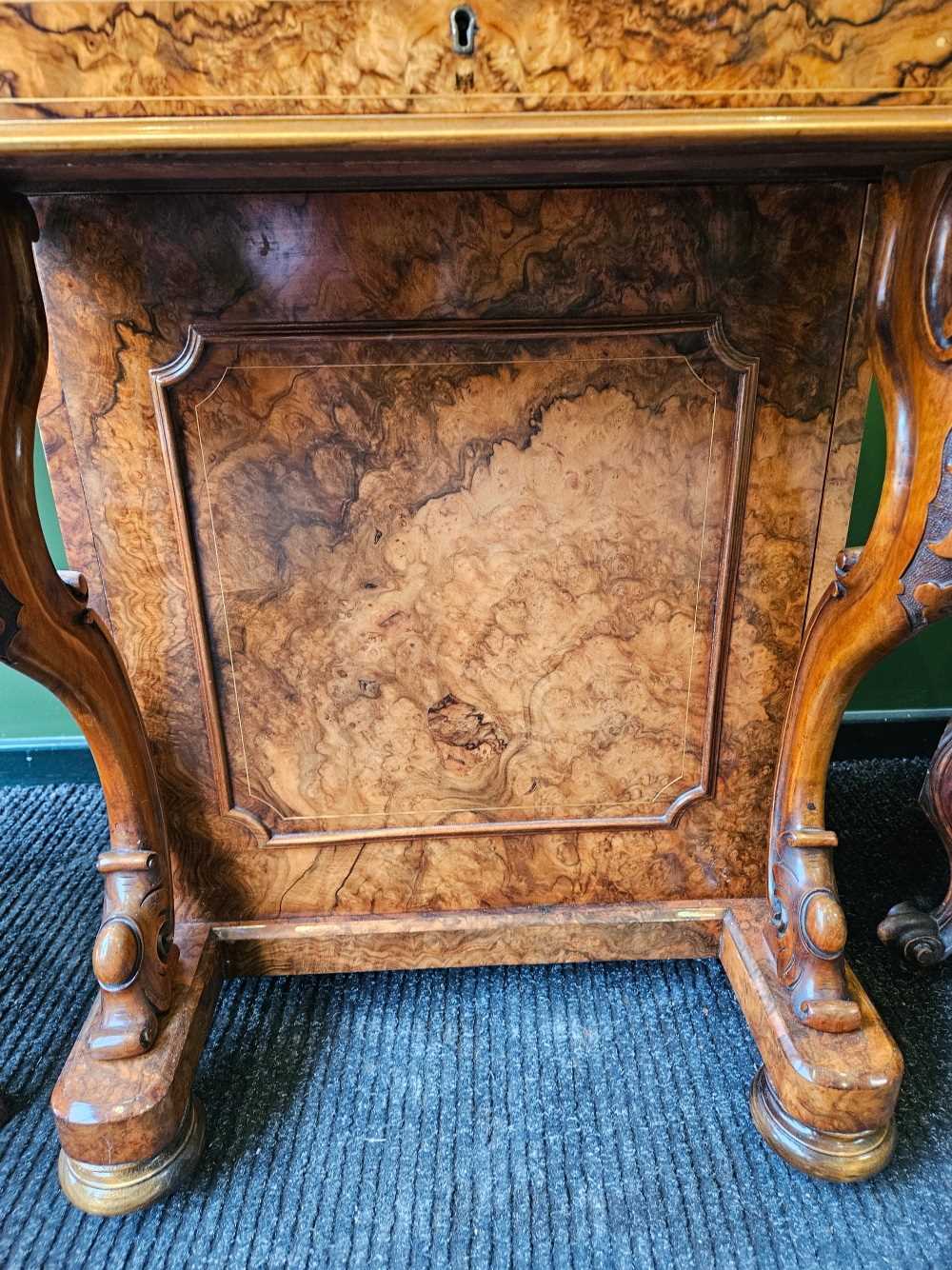 A fine Victorian burr walnut piano top pop up Davenport desk. Slight bubbling to the veneer on the - Image 3 of 47