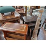 Various occasional tables and a turned wood candle stand.