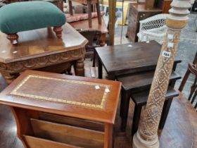 Various occasional tables and a turned wood candle stand.