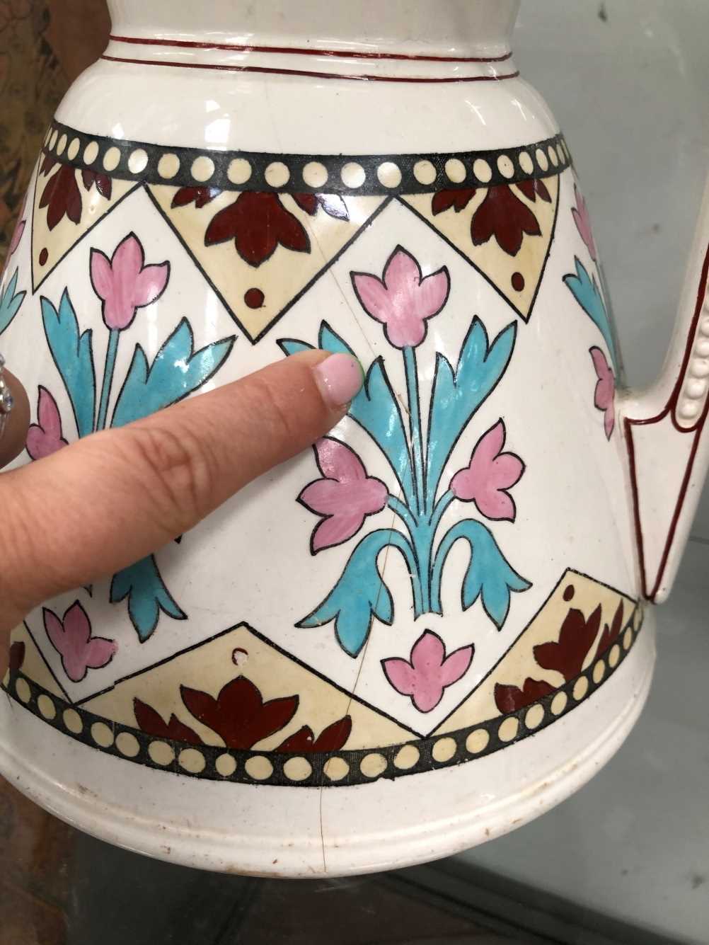 Two pottery wash jugs decorated in Pugin taste The jug with pink decoration has a hairline - Image 5 of 17