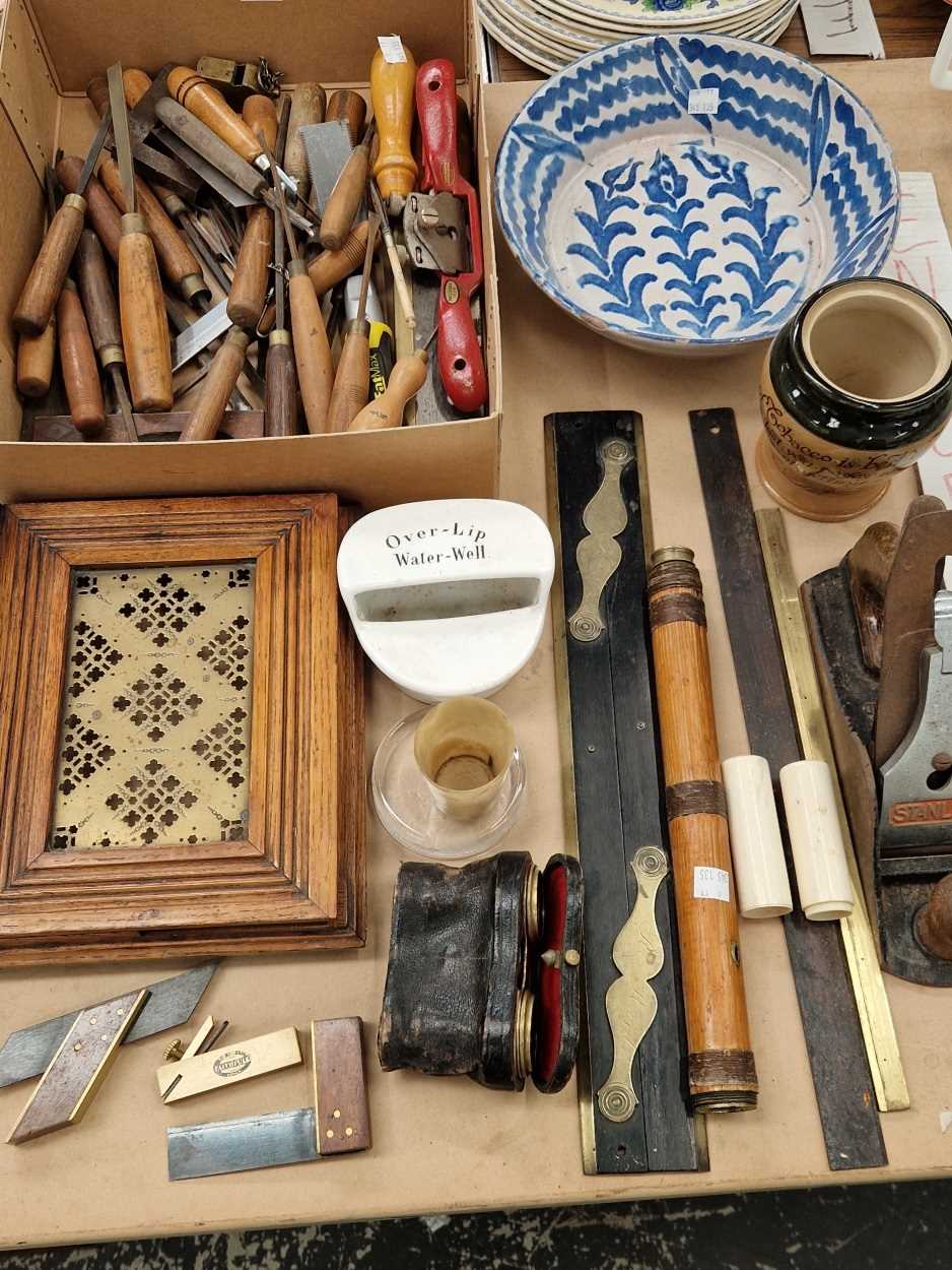 Wood working tools, a Stebbing telescope, opera glasses, a tine glazed blue and white bowl, etc