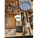 Wood working tools, a Stebbing telescope, opera glasses, a tine glazed blue and white bowl, etc