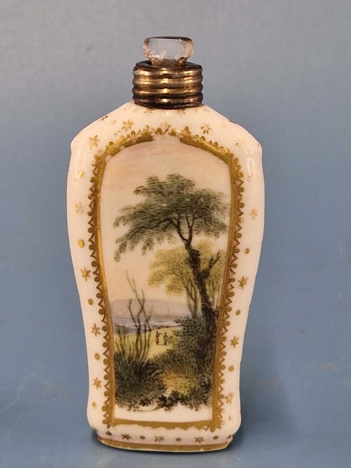 A Derby scent bottle painted on each side with a landscape below the gold screw top The screw top - Image 2 of 4
