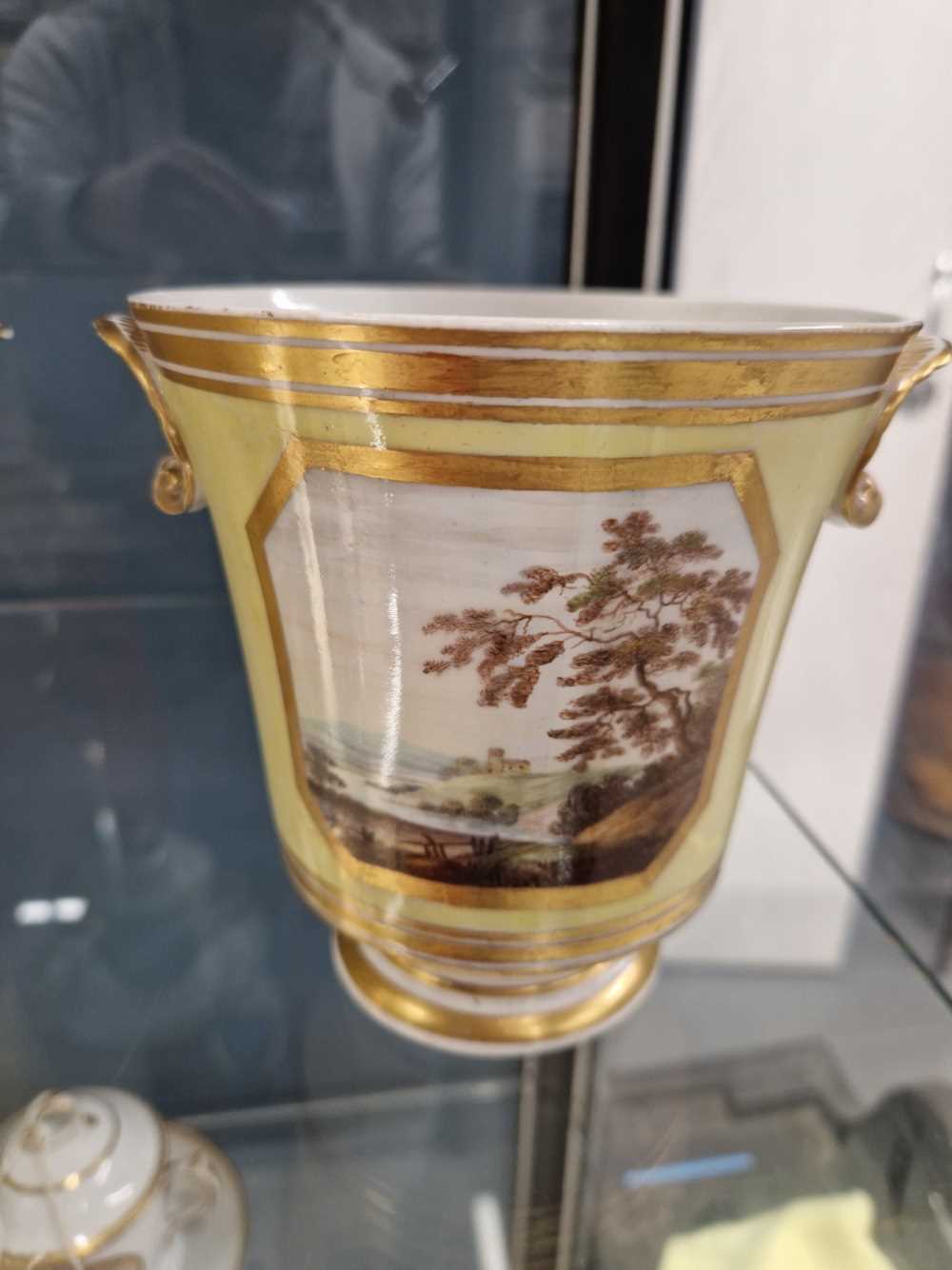 A pair of Derby shell handled yellow ground cache pots, one painted with views of Darley Dale and - Image 11 of 15