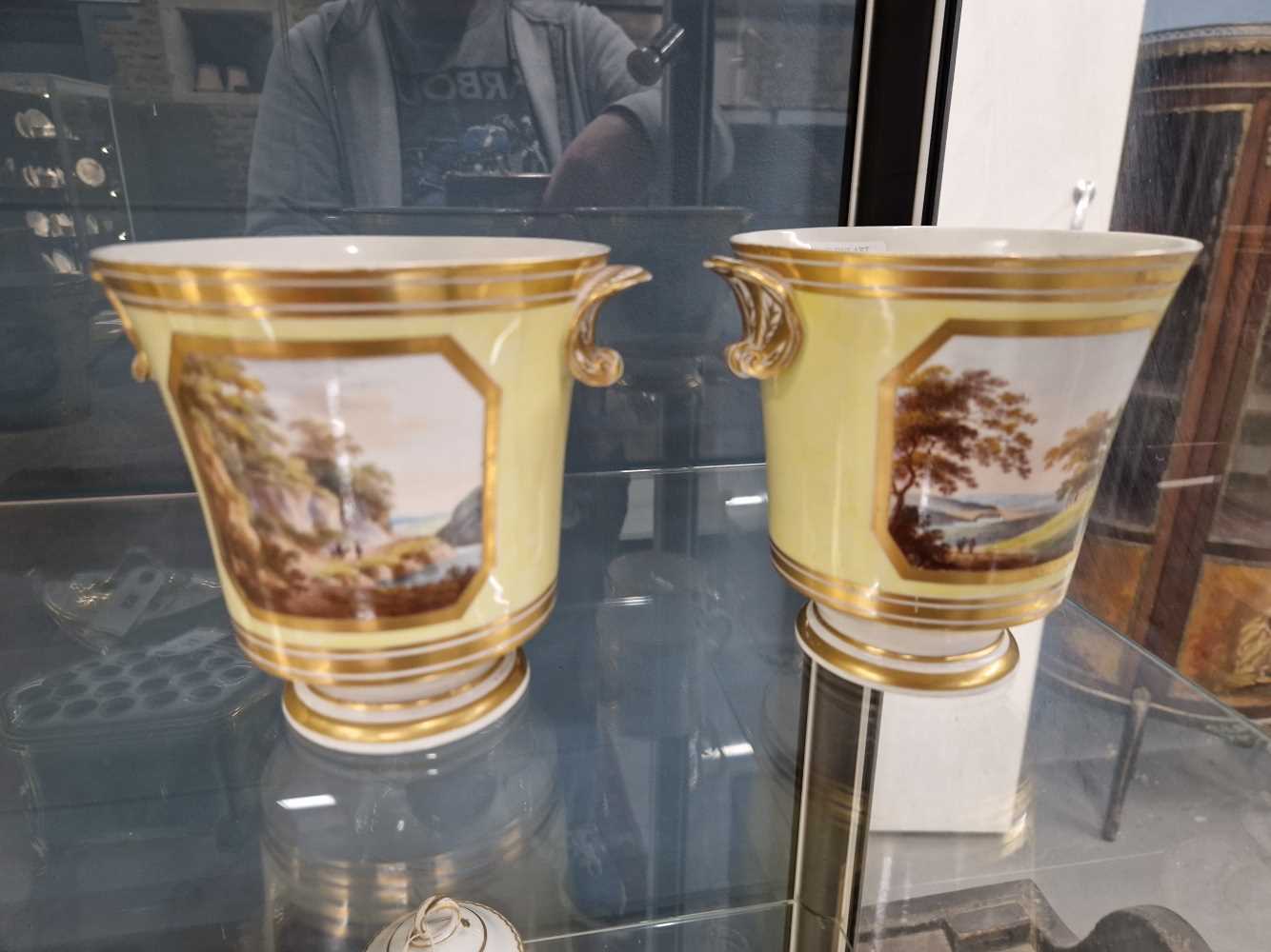 A pair of Derby shell handled yellow ground cache pots, one painted with views of Darley Dale and - Image 4 of 15