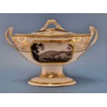 A Derby two handled navette shaped sauce tureen and cover painted in grisaille with views named Near