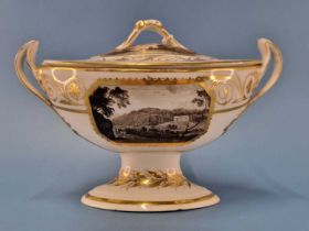 A Derby two handled navette shaped sauce tureen and cover painted in grisaille with views named Near