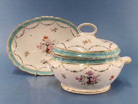 A Derby sauce tureen, cover and stand painted with turquoise rims hung with berried swags of