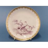 A Chelsea derby gold anchor saucer painted in puce with herons within a gilt rim Good condition