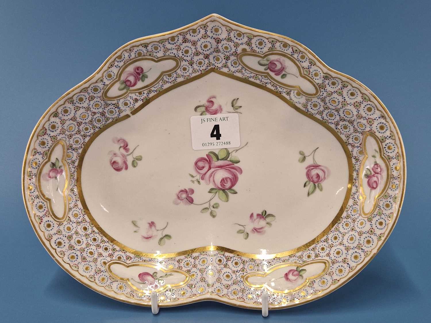 A Derby kidney shaped dish painted in the manner of Edward Withers with pink roses on and within - Image 2 of 5