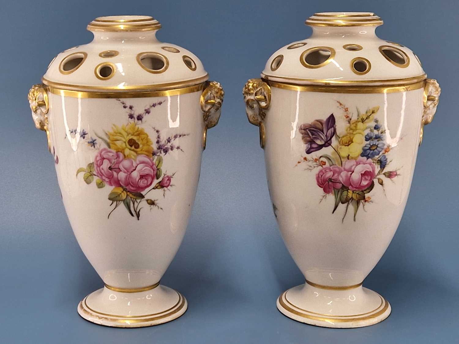 A pair of Derby ram handled pot pourri vases and pierced covers, the painting of flowers - Image 2 of 17