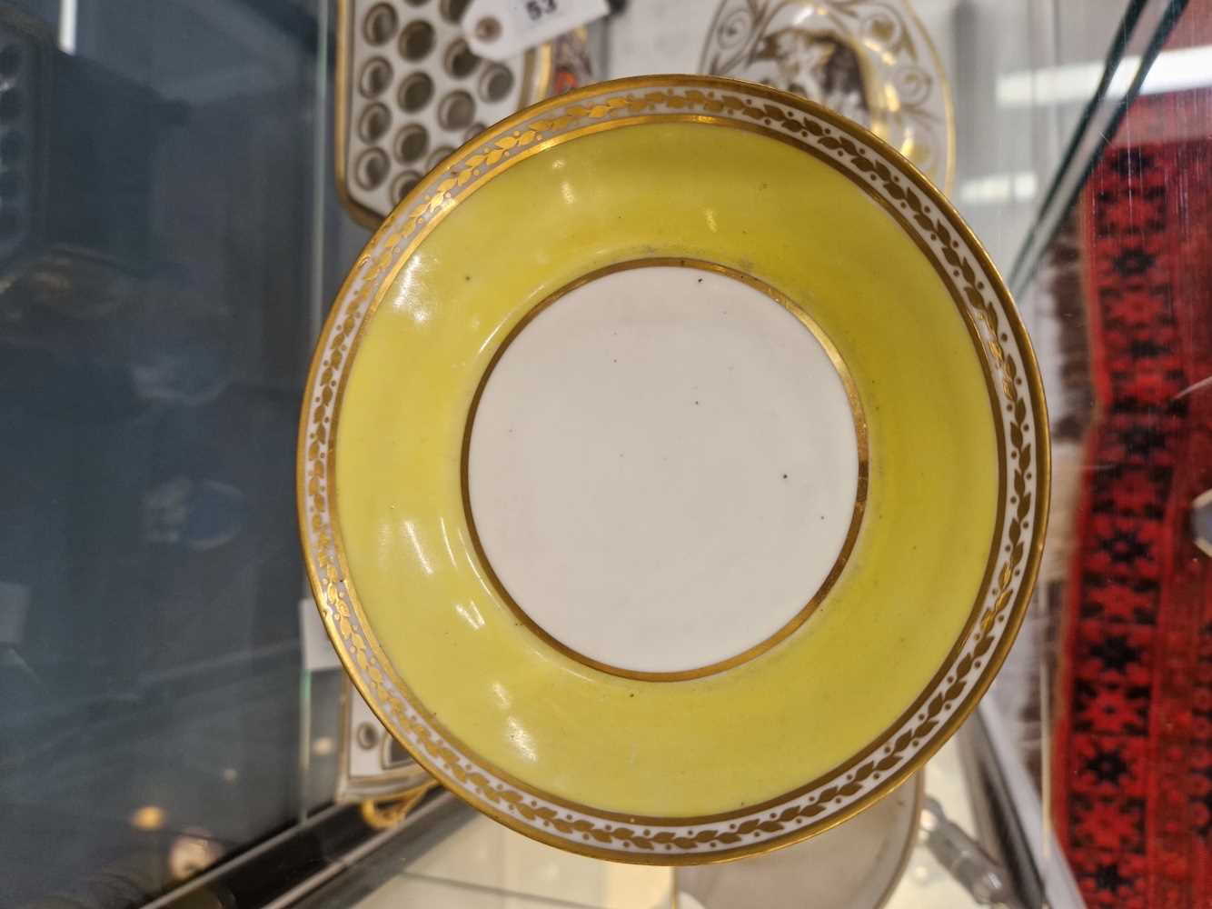A Derby yellow ground coffee can and saucer, the former painted with a roundel of flowers, puce - Image 6 of 13