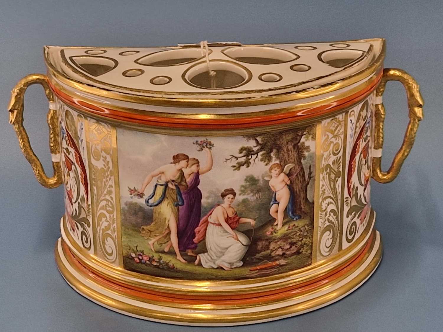A Derby snake handled bough pot painted with a scene of three classical ladies with Cupid disarmed - Image 2 of 10