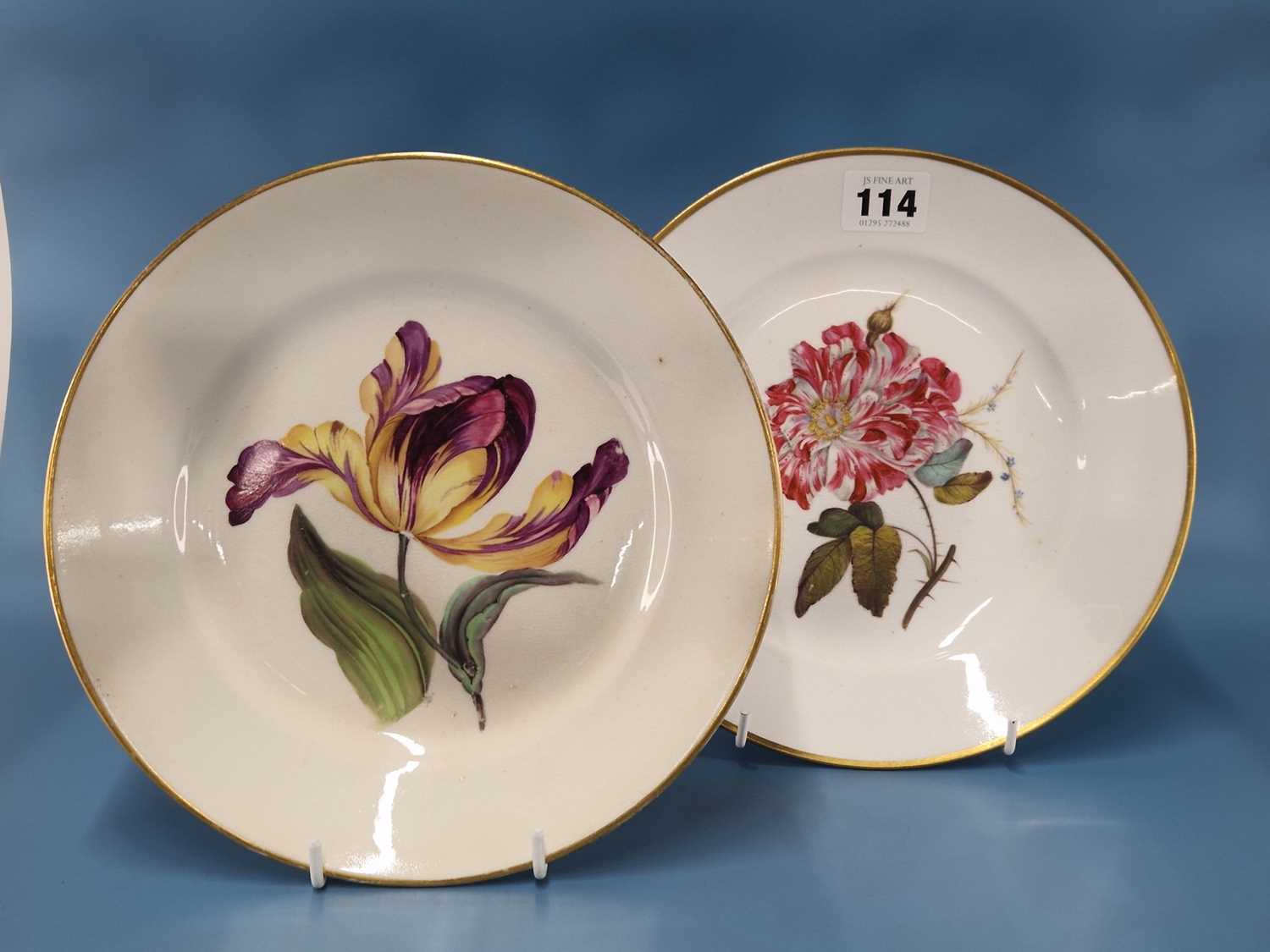 A Derby plate painted with a rose together with another painted with a tulip, red marks, RF 211 + - Image 2 of 2