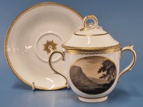 A Derby two handled cup, cover and saucer painted with grisaille landscape ovals, puce marks, RF 7