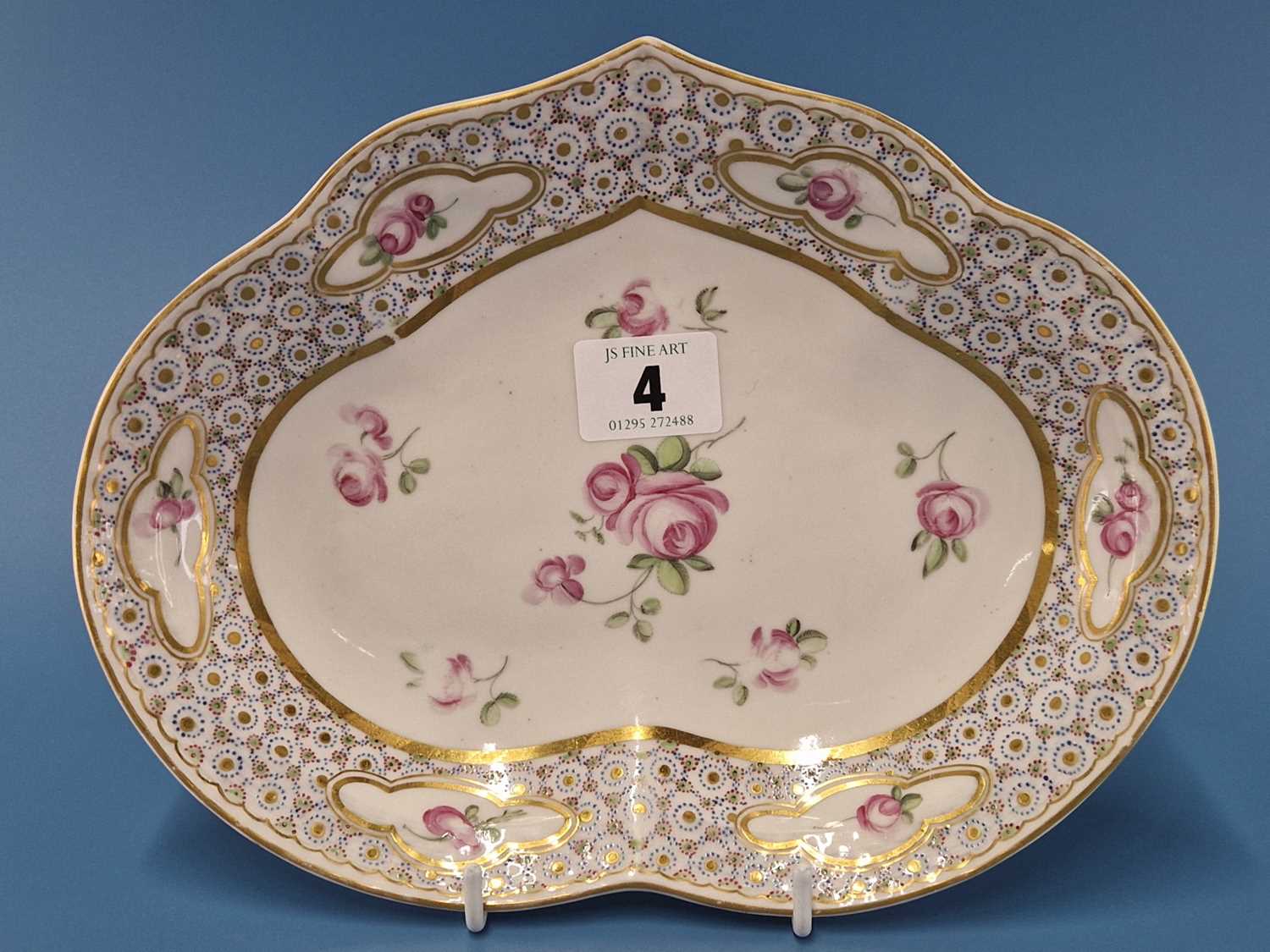 A Derby kidney shaped dish painted in the manner of Edward Withers with pink roses on and within - Image 3 of 5