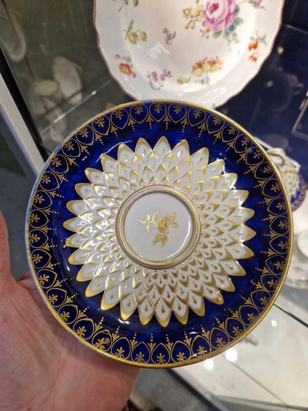 A Derby two handled cup, cover and saucer with royal blue rims enclosing gilt and moulded - Image 7 of 8