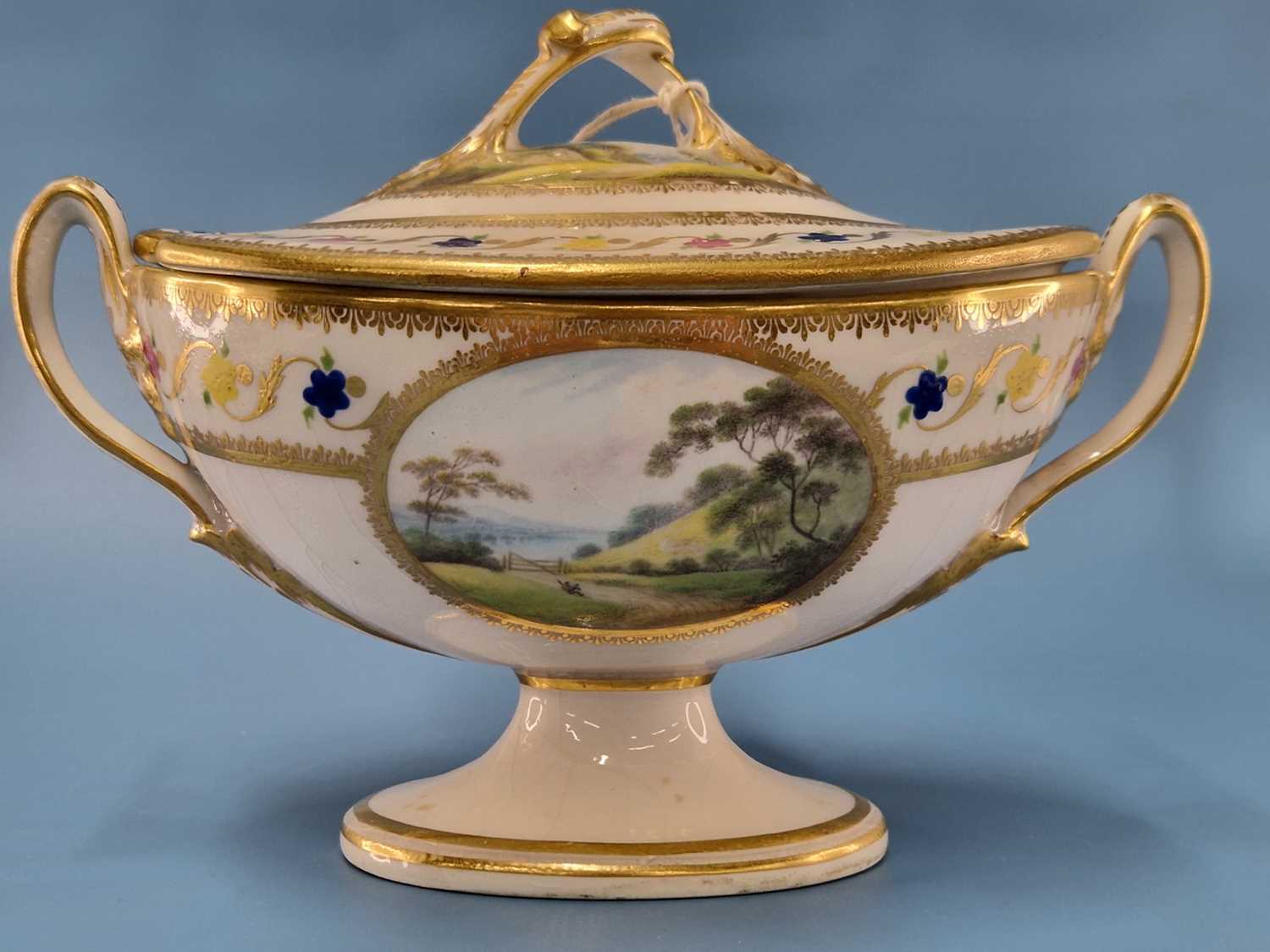 A Derby sauce tureen and cover painted with views named Near Foremark, Derbyshire and On the River - Image 3 of 7