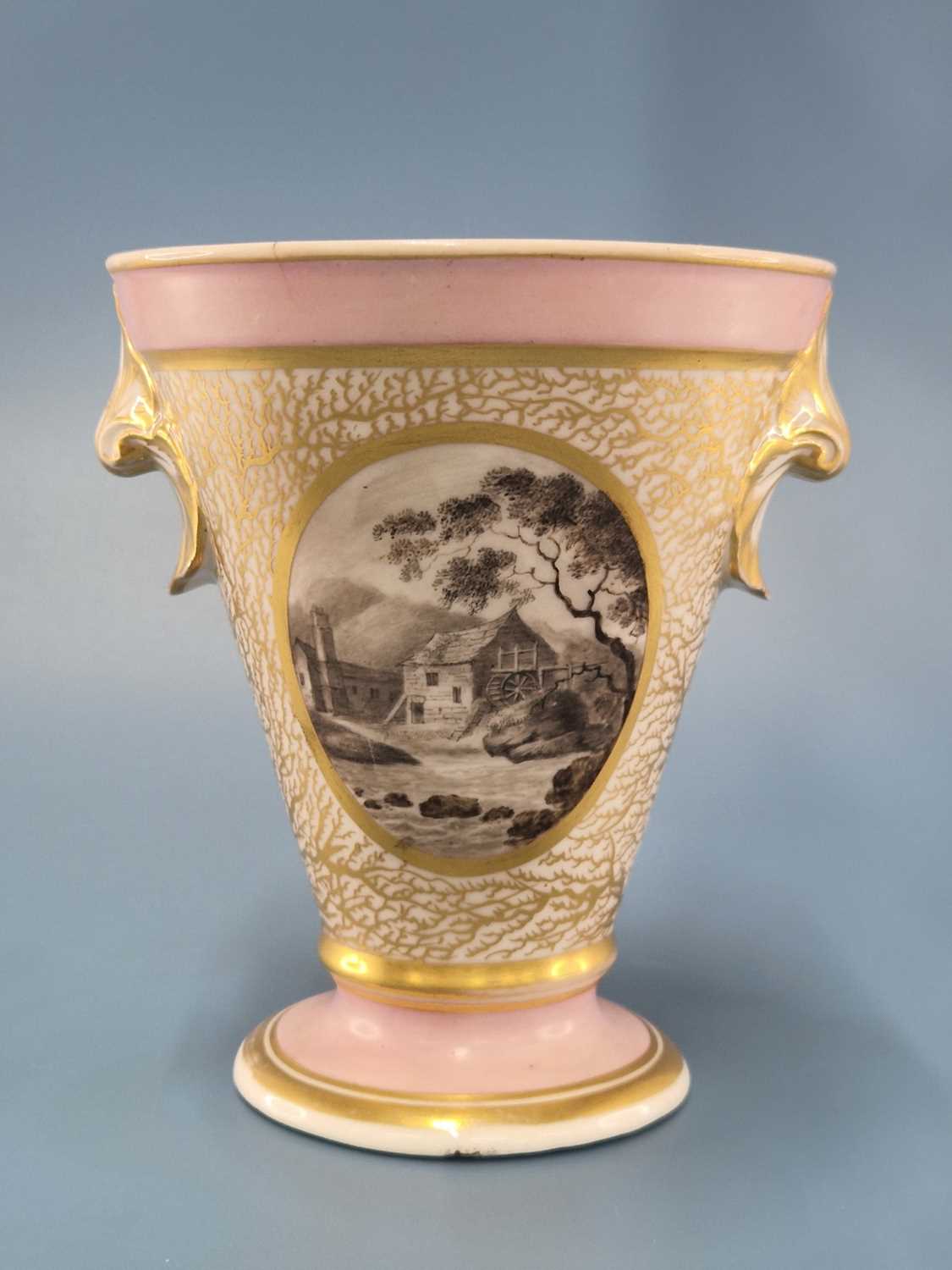 A Derby two handled pot-pourri vase possibly painted by George Robertson with two grisaille views - Image 2 of 4