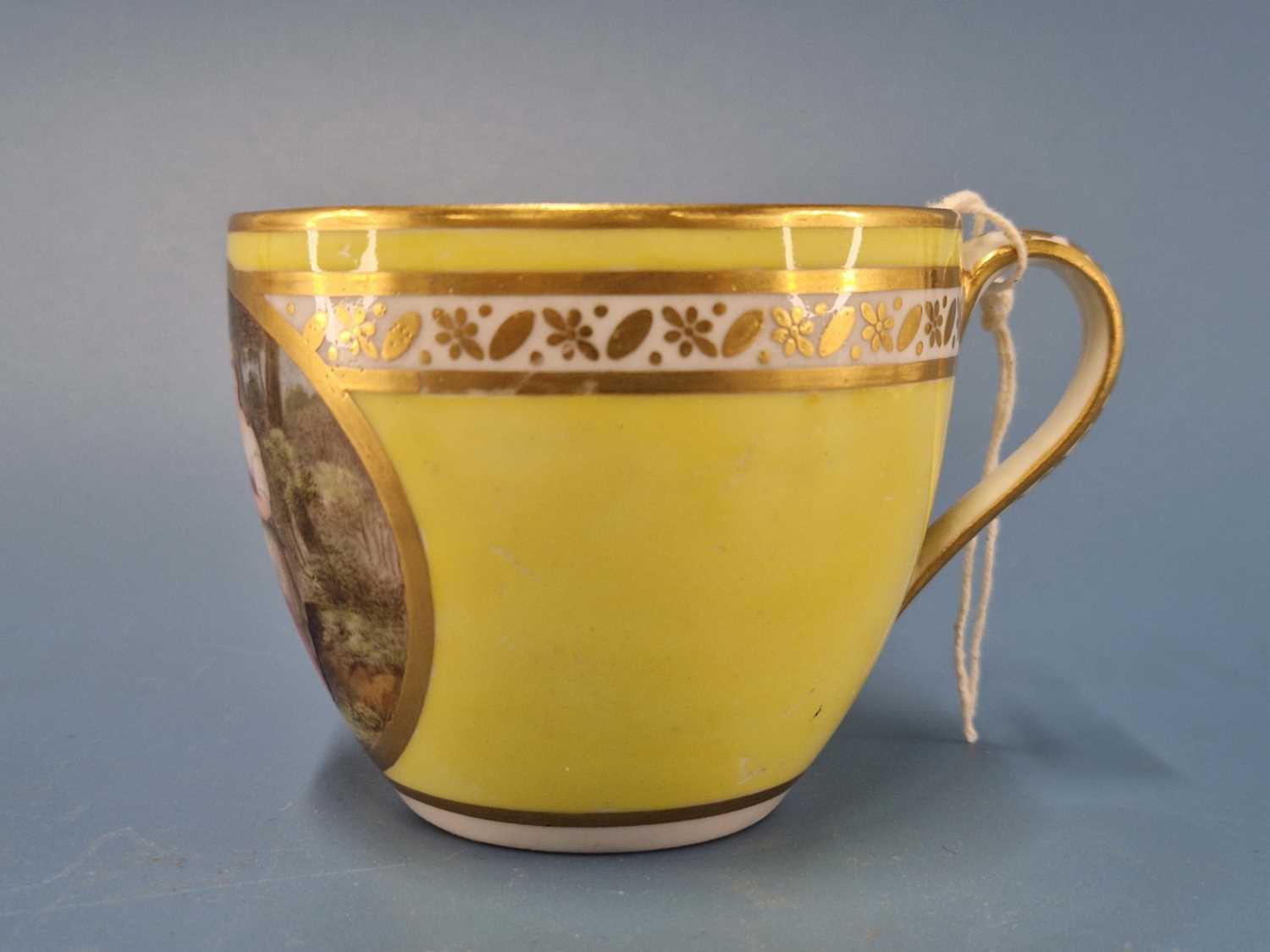 A Derby yellow ground tea cup painted by John Brewer with an oval of a lady, Griselda (after - Image 2 of 5