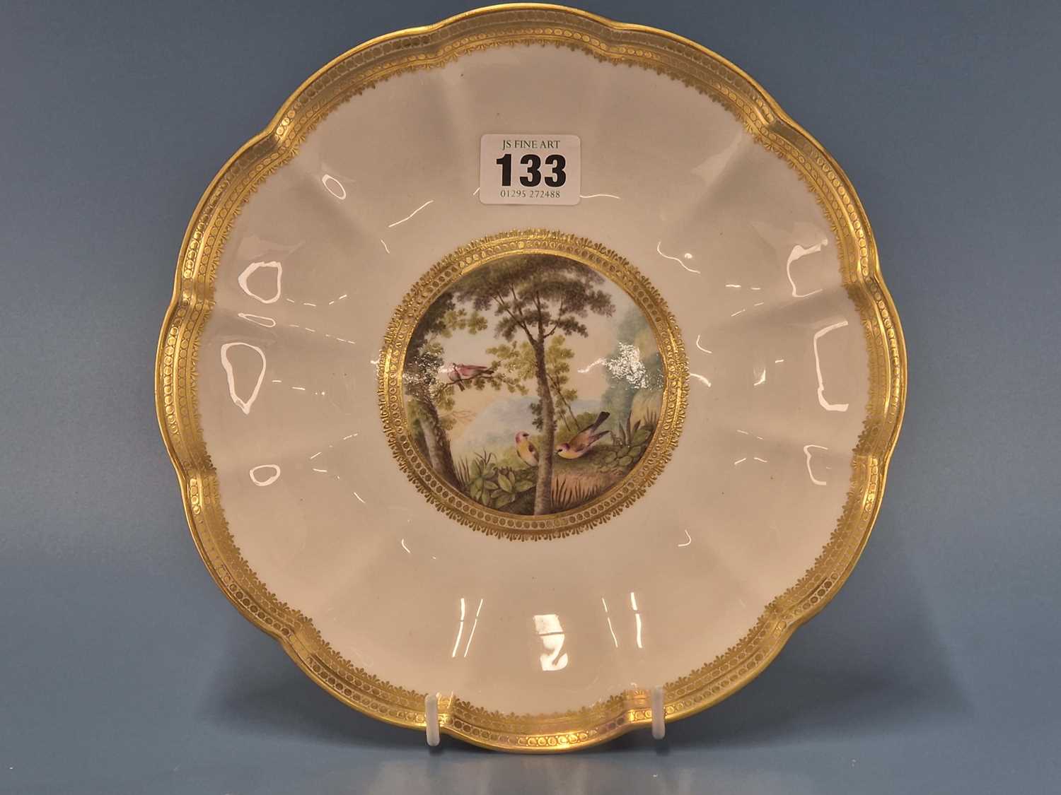 A Derby plate painted by George Robertson with birds in a landscape within a gilt wavy edged rim, - Image 2 of 12