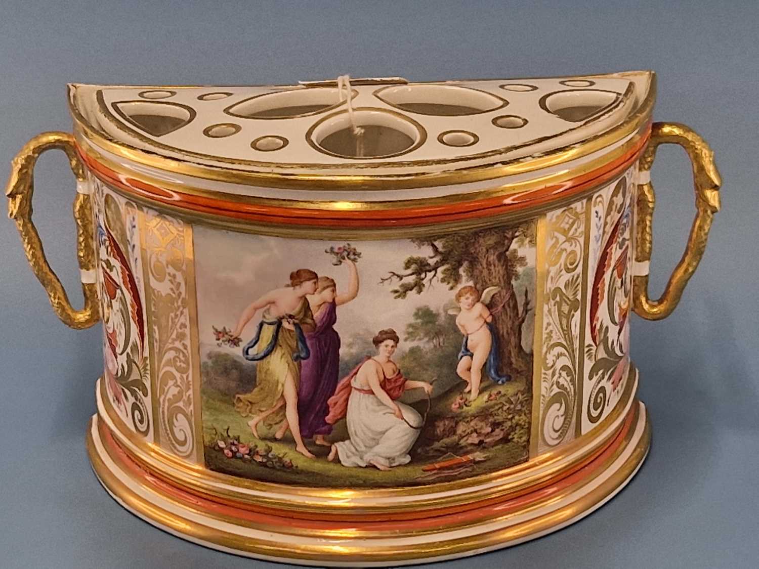 A Derby snake handled bough pot painted with a scene of three classical ladies with Cupid disarmed - Image 3 of 10