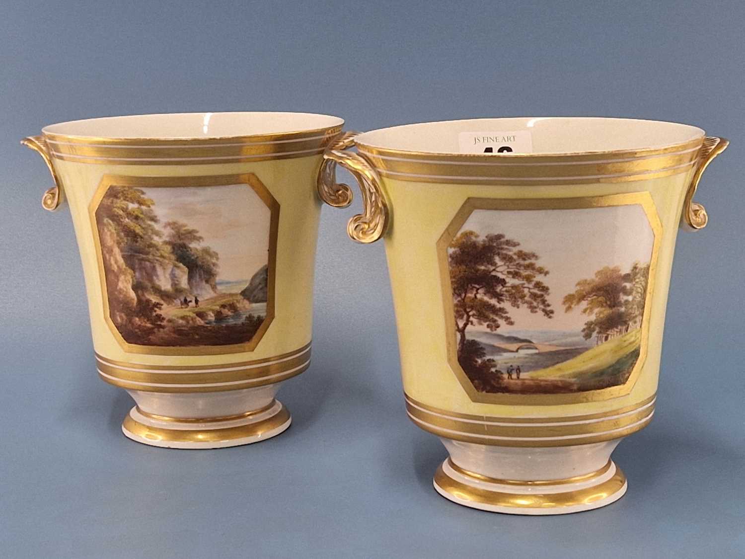 A pair of Derby shell handled yellow ground cache pots, one painted with views of Darley Dale and - Image 3 of 15