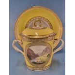 A Derby two handled yellow ground mug, cover and stand painted by Zachariah Boreman with views in