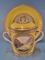 A Derby two handled yellow ground mug, cover and stand painted by Zachariah Boreman with views in