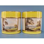 Two Derby mugs painted by George Robertson with views on the Trent, Derbyshire within yellow and