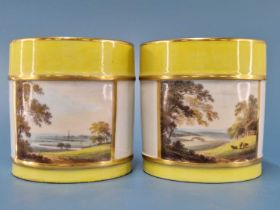 Two Derby mugs painted by George Robertson with views on the Trent, Derbyshire within yellow and