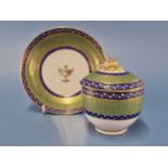 A Derby ribbed bowl, cover and saucer painted with broad green and narrower blue bands, blue