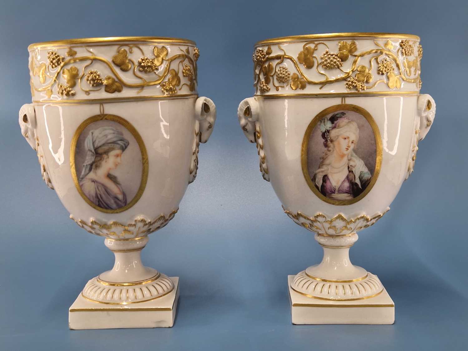 A pair of Derby ram handled vases supported on square feet painted with landscapes by Askew or - Image 5 of 17