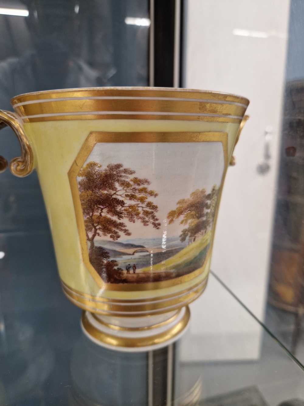 A pair of Derby shell handled yellow ground cache pots, one painted with views of Darley Dale and - Image 7 of 15