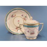 A Derby two handled cup, cover and saucer painted with turquoise bands, mauve husk swags and